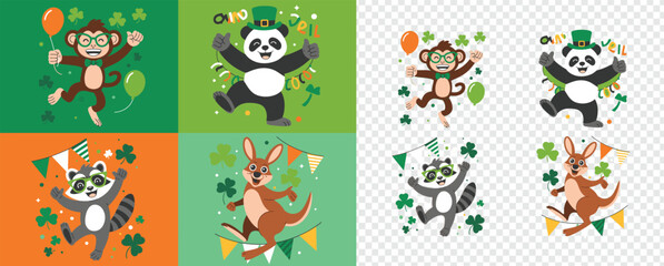 Fototapeta premium Playful St Patricks Day animals including a monkey, panda, raccoon, and kangaroo celebrating happily
