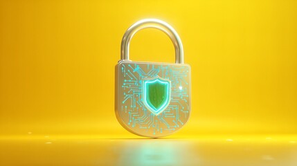 Glowing padlock with shield on yellow background security concept
