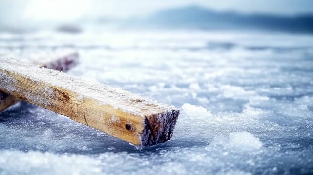 Frozen Faith: A weathered wooden cross rests serenely on a frigid expanse of snow and ice, a symbol of faith standing strong against the cold and harsh elements.