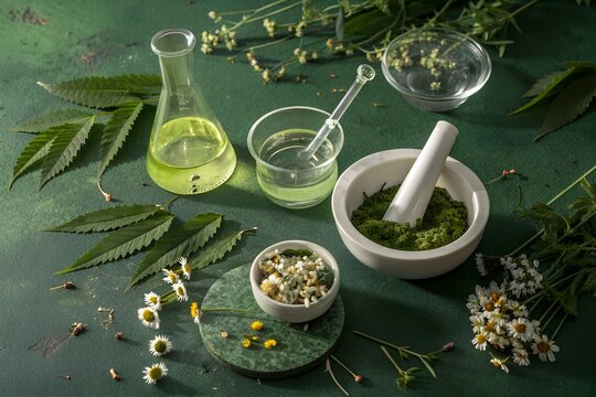 Closeup of a mortar and pestle with natural green herbs and spices for a healthy herbal food or tea