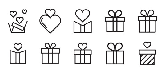Love with gift box icon set. Black and White Present Symbols, valentine's day and Birthday Gift Box Vector, Wrapped Present Icon, Gift Package Silhouette. victor illustration eps 10