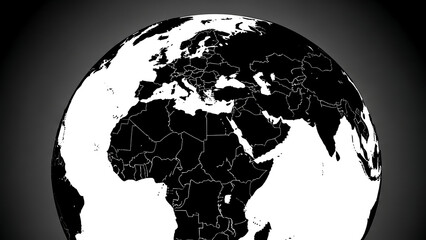 Black and white globe showing continents and country borders against a dark gradient background