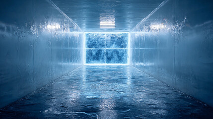 Empty frosty freezer interior with ice buildup, providing copy space, ideal for cold storage, freezing services, food preservation, and promotional visuals