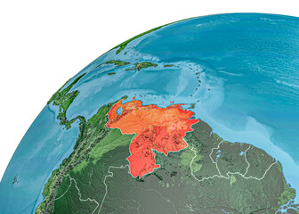Map of South America, Venezuela globe map, geographical map, physics. Cartography, geographical atlas. 3d rendering
