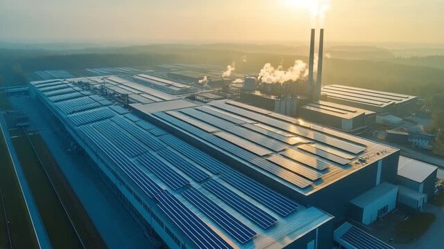 Industrial complex and Sustainability: An expansive industrial complex features rows of solar panels, symbolizing sustainable practices and innovation.