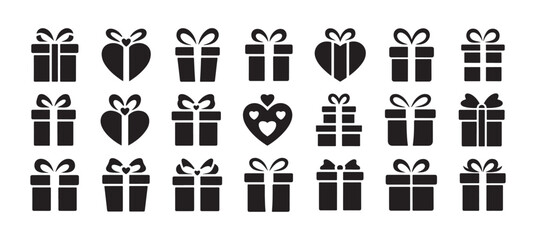 Gift Box Icon Set. Black and White Present Symbols, valentine's day and Birthday Gift Box Vector, Wrapped Present Icon, Gift Package Silhouette. victor illustration eps 10