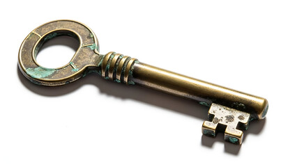 Exquisite antique brass key, masterfully crafted, revealing a rich aged patina, symbolizing hidden secrets and exclusive access