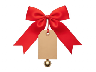 Red bow with tag and bell isolated on transparent background