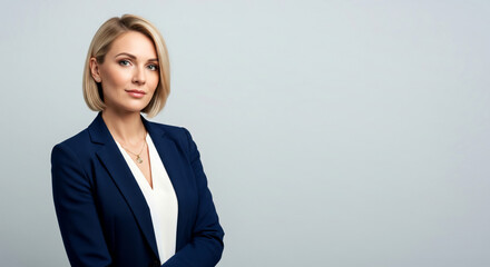 A stylish middle-aged European executive woman in her late 30s with a blonde bob, looking at the camera, positioned on the leftplain light background, copy space