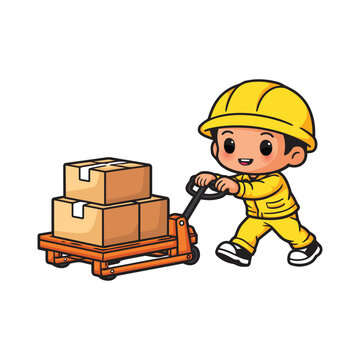 Cute Warehouse Worker Pushing Cart with Boxes in Logistics Industry Vector Illustration