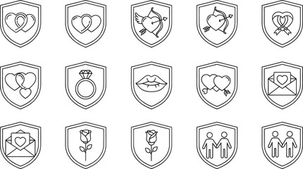 Collection of various relationship and love icons on shields