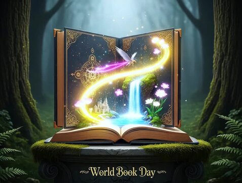 An open book with a fantasy world coming out of it on a stone pedestal in a forest