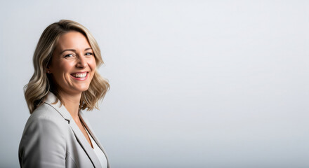 A joyful European employee with a warm expression and blonde hair, positioned on the left sideplain light background, copy space