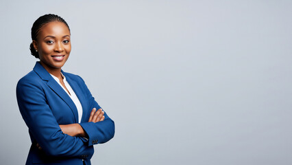 A proud African attorney with a friendly smile standing with arms crossed on the far leftplain light background, copy space
