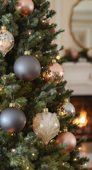 Elegant Christmas tree decorated with gold, silver, and bronze ornaments in a cozy living room with a glowing fireplace