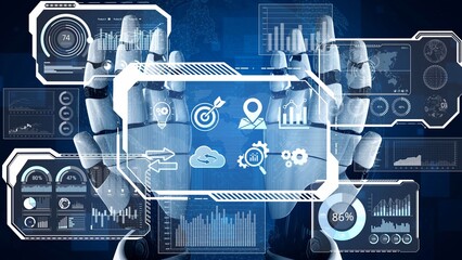 AI reading big data visualization dashboard, analyzing insights, identifying patterns, and generating strategic decisions through automated data interpretation. Marrow
