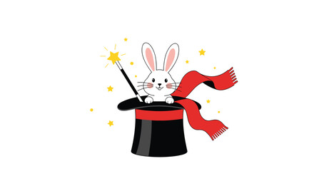 A cute white rabbit pops out of a magician's black top hat holding a sparkling magic wand for a magic show.