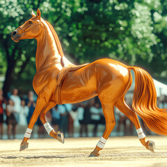 A majestic American Saddlebred in full parade tack, tail arched and legs prancing high, gliding across a show ring. Shot in 8K ultra high-resolution with hyperreal color depth and a shallow depth of f