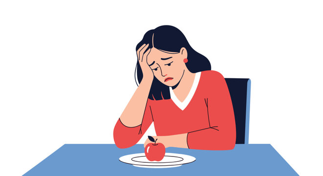 A sad young woman with an eating disorder sits at a table looking unhappily at a single apple on her plate.