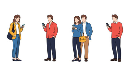 Obraz premium Four standing individuals, including a couple, are engrossed in their mobile devices, demonstrating the pervasive nature of smartphones and tablets in everyday social and personal interactions.