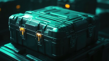 A heavy duty green toolbox with secure latches sits ready for storage and transport