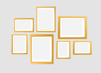 Realistic Gold Photo Frame collection isolated on white background. Realistic rectangle frames mockup for kid, family or memories. Scrapbook concept, poster,, galleries, interior decor, and branding. 