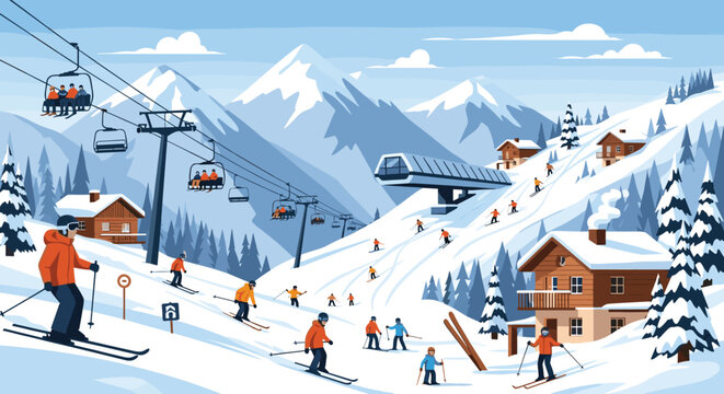 A busy ski resort in the mountains with people skiing snowboarding and riding chairlifts on a beautiful snowy winter day.
