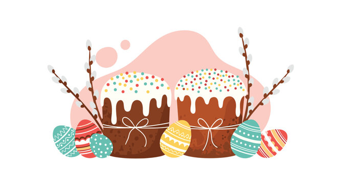 A traditional Easter celebration scene with two decorated Easter cakes colored eggs and willow branches on a pink background. - Powered by Adobe