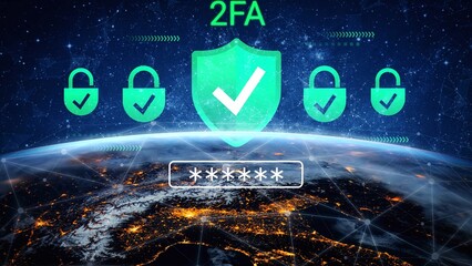 Secure Two-Factor Authentication Concept with Digital Shield and Lock Icons Over Earth Cosmos Illustration Gluon.
