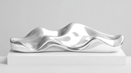 A highly polished chrome abstract sculpture with flowing fluid lines rests on a clean white surface with a minimalist aesthetic