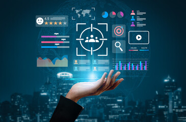 A hand reaching towards a collection of digital marketing graphs and metrics in a high-tech environment, symbolizing strategy and insights for business success. Gantry