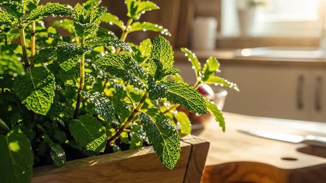 Fresh Mint Plant Growing In Natural Light In A Kitchen Environment Stock Footage