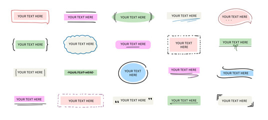 Label vintage handwriting design template. Marker or pen writing text. Ribbon type frame. Square, circle, parentheses, message and lines doodle hand drawn.