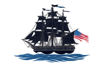 Galleon ship with black sails and waving flag, navigating ocean waves, representing american maritime history and freedom