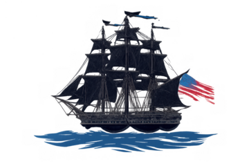 Galleon ship with black sails and waving flag, navigating ocean waves, representing american maritime history and freedom