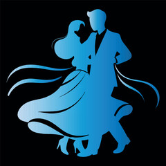 A blue silhouette of a man and woman dancing together in a romantic waltz motion