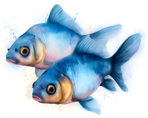 Two colorful fish swim gracefully, showcasing vibrant shades of blue and orange, surrounded by splashes of color, creating an artistic underwater scene.