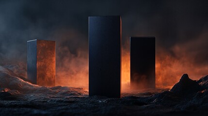 Abstract rectangular prisms in dramatic fiery landscape with dark moody lighting for futuristic background