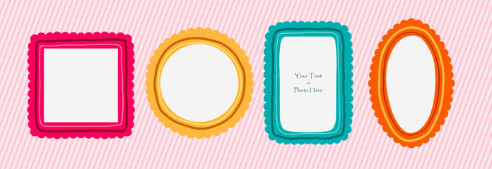 Photo Frame Kid. Scallop wave funky bubble decorative tags. Wavy label templates. Border picture frame shapes. 