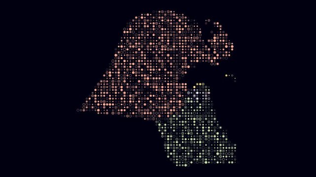 Kuwait animated country shape. Pulsating colored dots on the map of the country. Small size circle blocks. Digital style Kuwait map on dark background. Trending animation video.