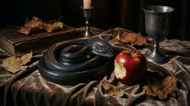 Dark Still Life with Black Snake, Bitten Apple, and Vintage Objects