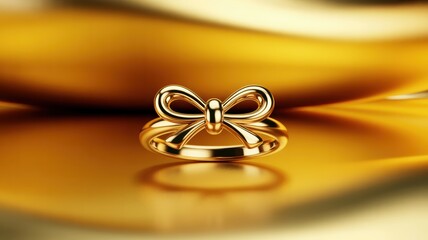 Golden ring with elegant bow design on luxurious background