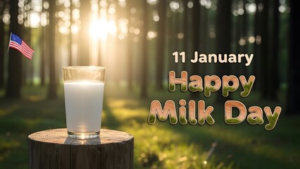 Happy milk day january 11 celebration with glass of milk in forest