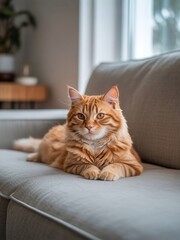A beautiful orange tabby cat with striking yellow eyes and thick fluffy fur is lying down peacefully on a light gray sectional couch looking directly into the camera lens with a calm expression