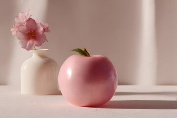 Pink apple-shaped object with green leaf beside a white vase holding delicate pink flowers, creating a serene and minimalistic product scene with soft lighting and gentle shadows