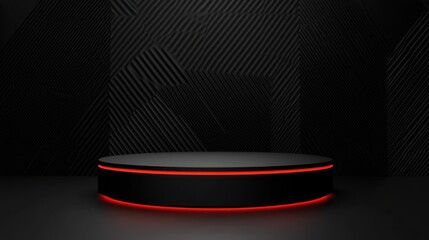 Red-lit black platform, dark geometric background. Product display
