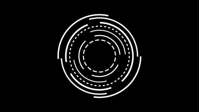 White circular digital tech cyberspace loader with rotation loop speed animation on black background	