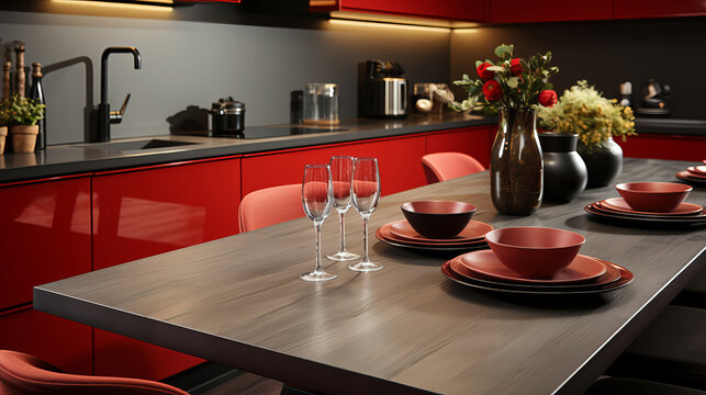 A modern red kitchen with a sleek dining table set with matching dishware, soft lighting, and fresh flowers adding a warm touch.
