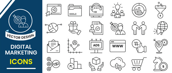 Set of Digital marketing icon vector. Digital marketing line icon. Marketing icons design for web, logo and mobile app. Collection of marketing symbol, Vector illustration.