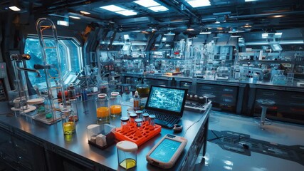 T showcases a science lab filled with a diverse range of equipment and instruments A futuristic laboratory engaged in biotechnology research - Powered by Adobe
